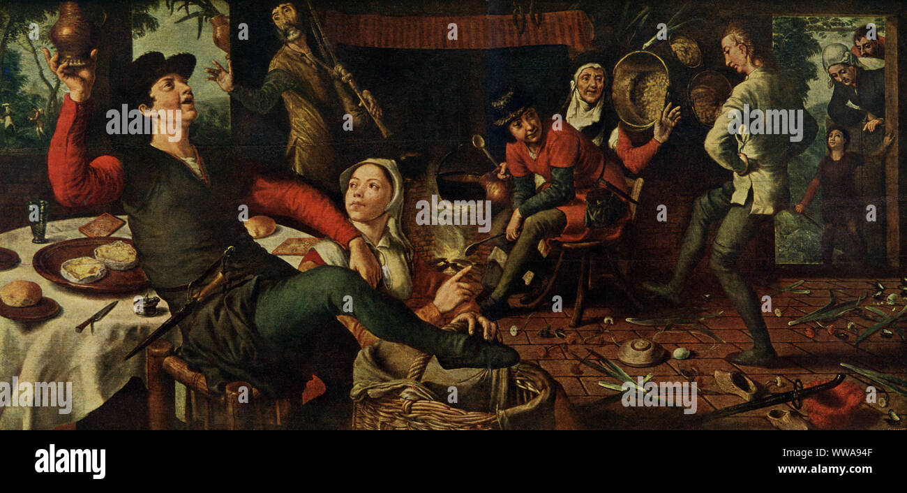 This cultural painting of Dutch peasant life was painted by the Dutch Artist  Pieter Aertsen. It is housed in the Rejkesmuseum in Amsterdam. The title is The Egg Dance. Pieter Aertsen has has packed his Egg Dance, a work dating from 1552, full of double meanings. A joker is depicted on one of the wooden boards on the table, left, and on the other a goat jumping. These are cards in a Tarot set. In the sixteenth century everyone would have understood that these symbolised drunkenness and lust. The reel above the fireplace on the right is a sign of folly: in fact 'reeling' is still used today to Stock Photo