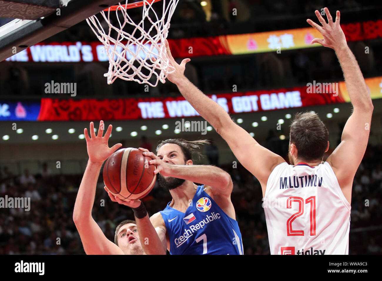 Beijing, China. 14th Sep, 2019. Vojtech Hruban (C) of the Czech Republic  goes for the basket