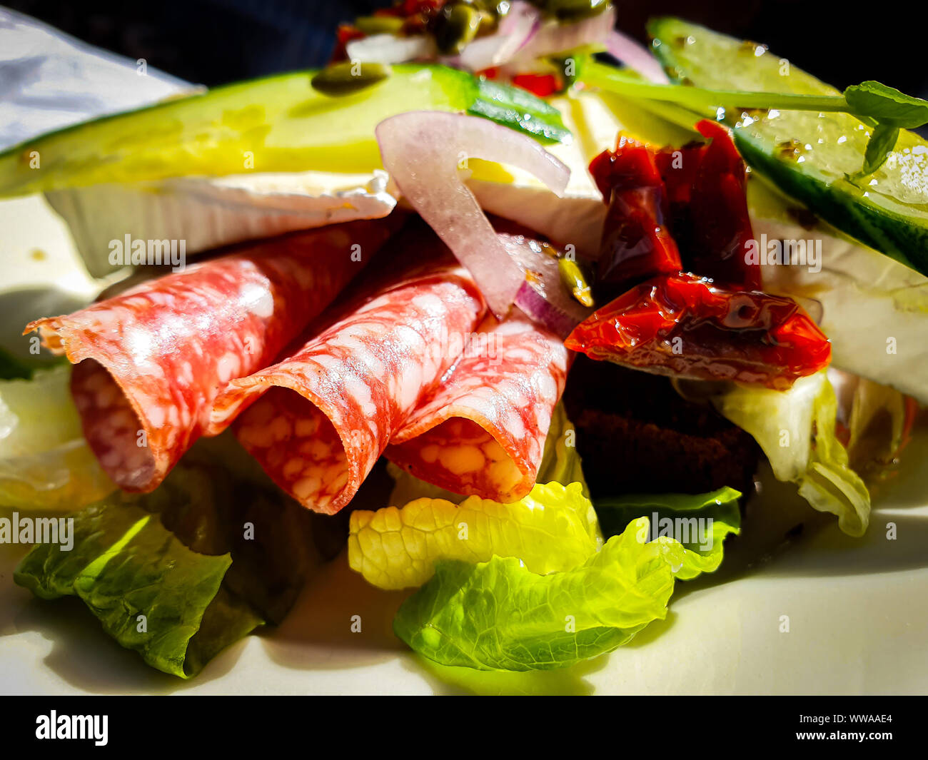 Salami and brie sandwich with vegetables and whole wheat bread Stock