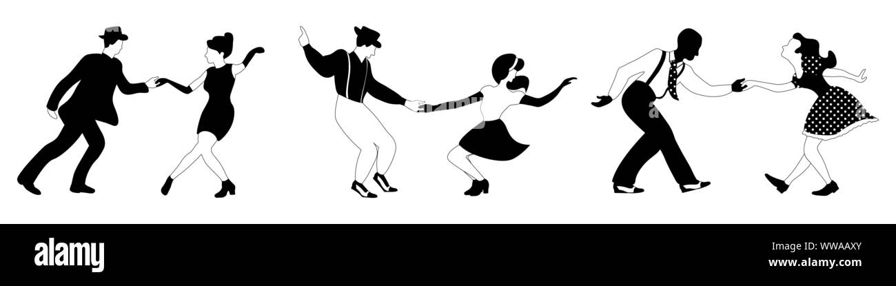 Three swing dance couples silhouettes black and white on white background. Vector illustration. Stock Vector