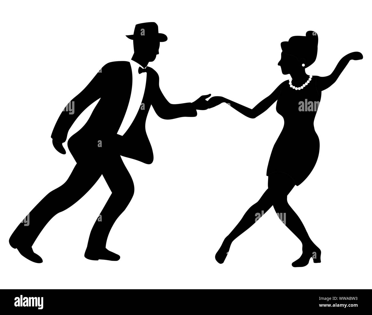 Swing dance negative couple silhouette. Black and white colors. 1940s and 1930s style. Woman with beads and man with bow tie and hat. Stock Vector