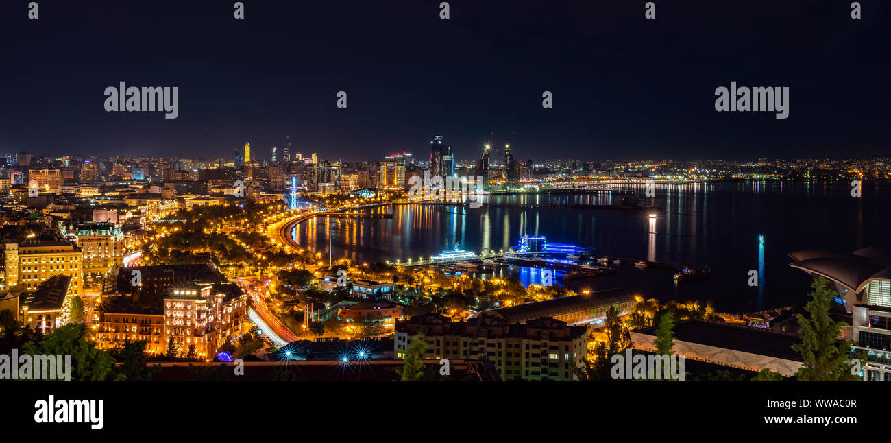 Wide panorama of night Baku city Stock Photo