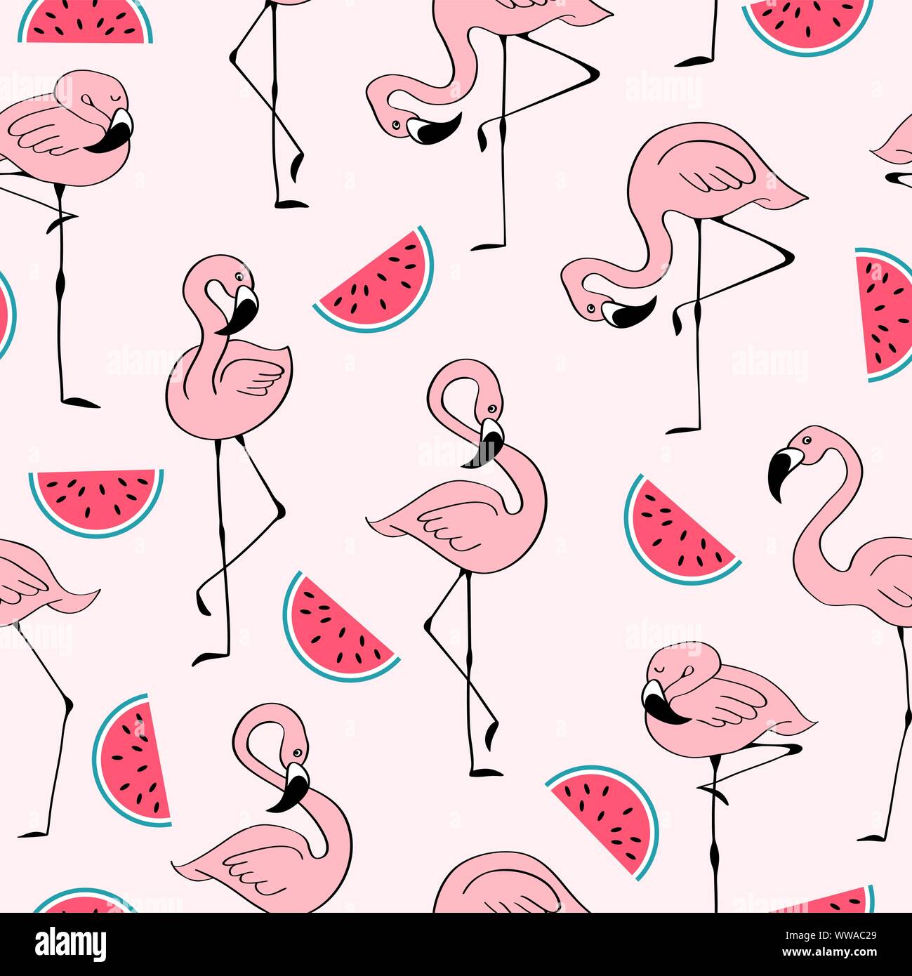Trendy seamless pattern with cute hand drawn pink flamingo and ...