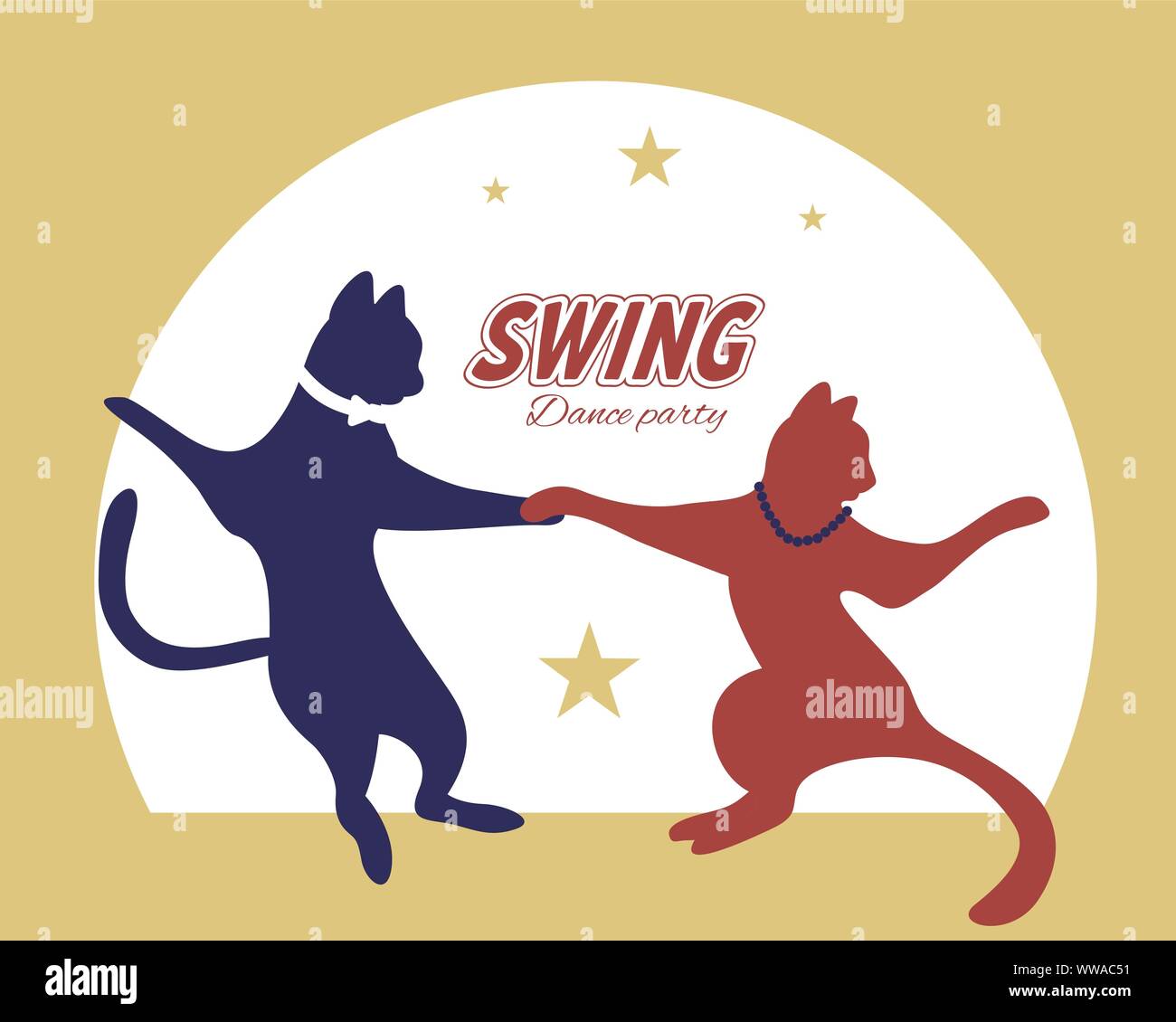 Swing dance couple silhouette of cats with stars and circle on background. 1940s and 1930s style. Flat vector illustration. Stock Vector