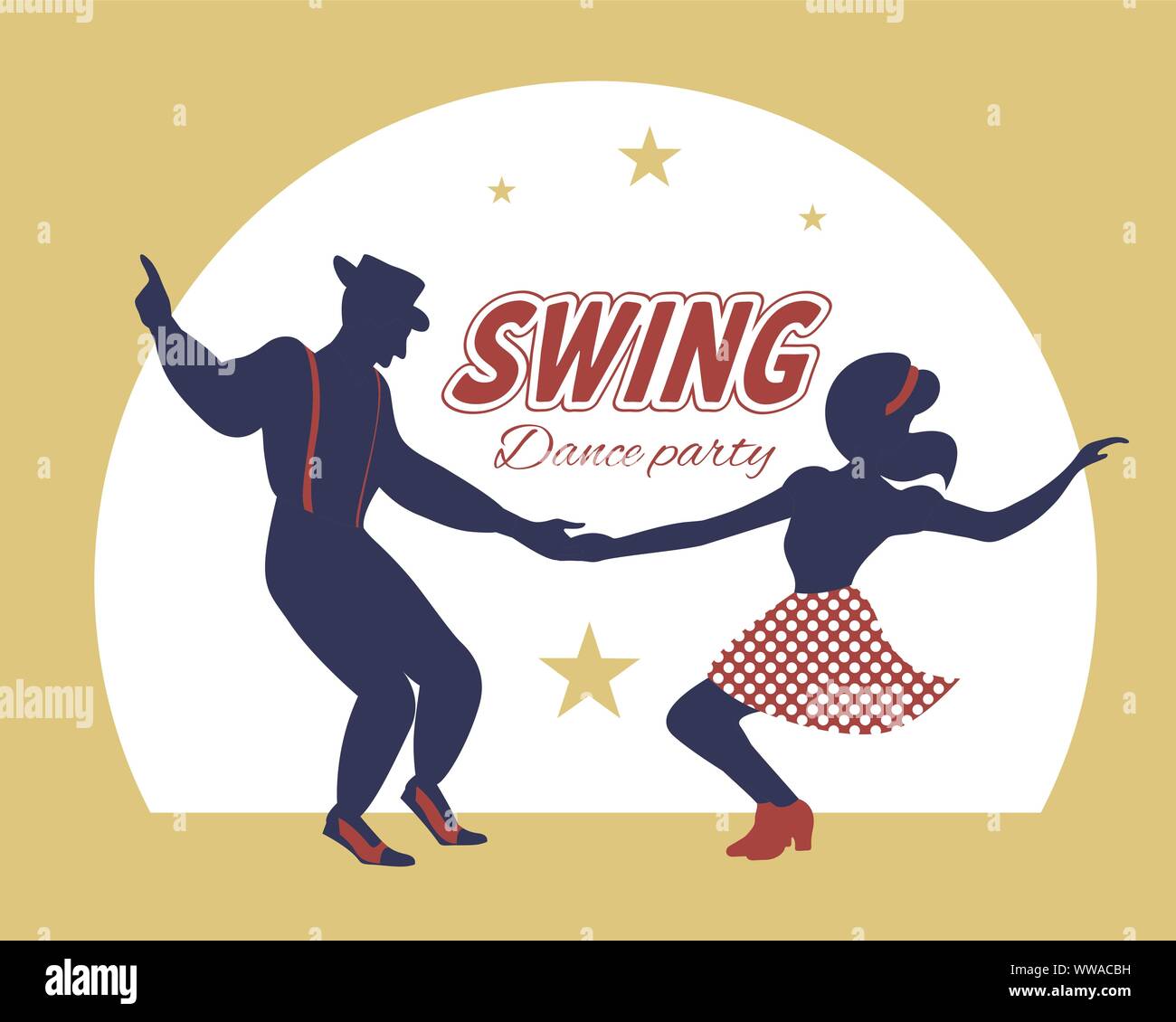 Swing dance couple silhouette with stars and circle on background. 1940s and 1930s style. Flat vector illustration. Stock Vector