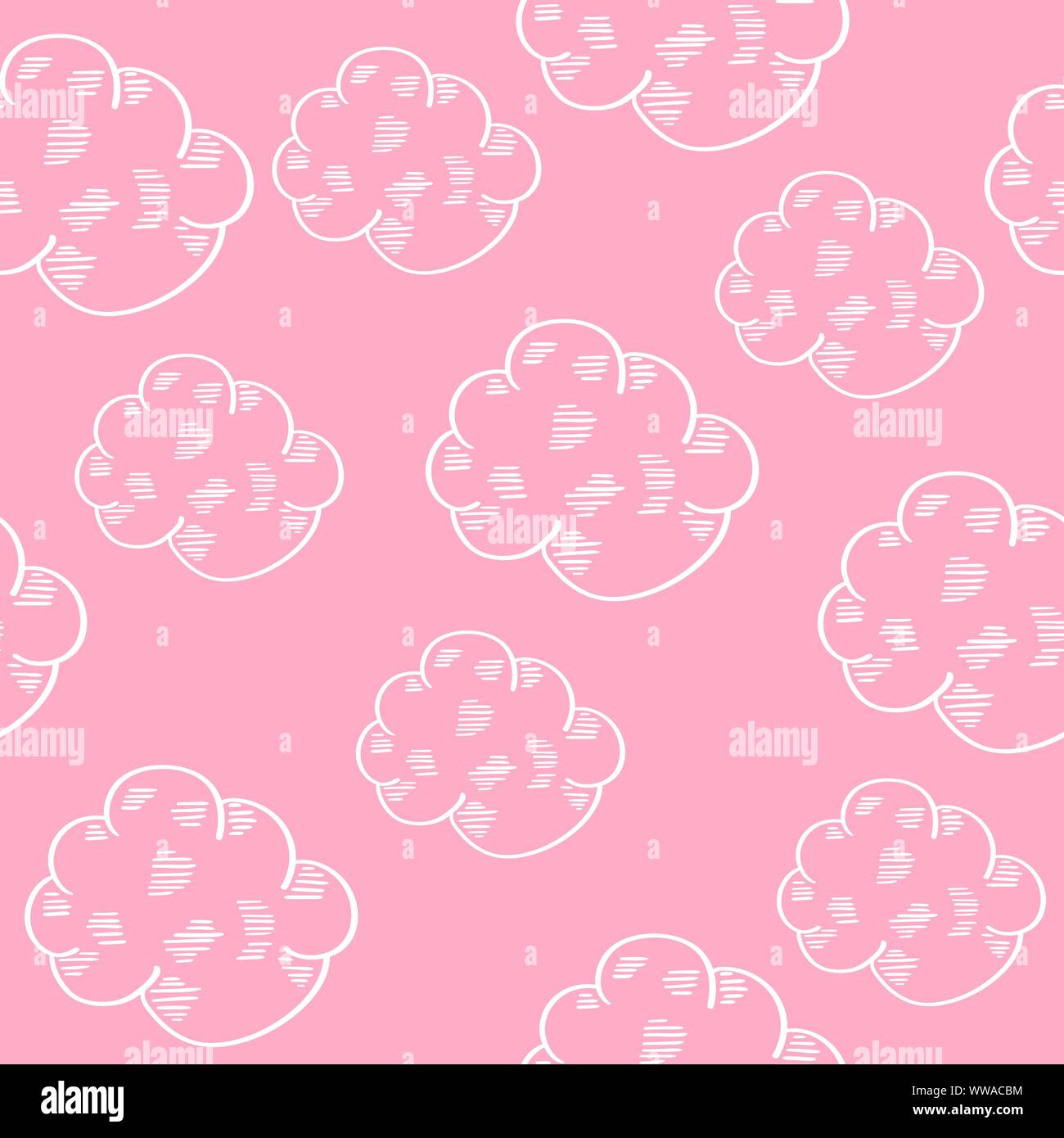 Girlish seamless pattern with doodle clouds on pink background. Nice ...