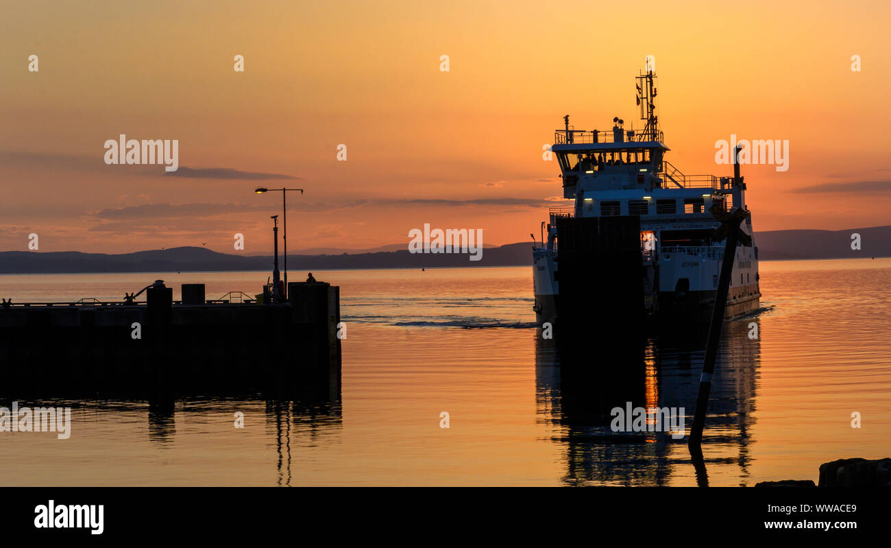 Caledonian MacBrayne car and passenger ferry approaches Largs, North Ayrshire, Scotland, UK Stock Photo