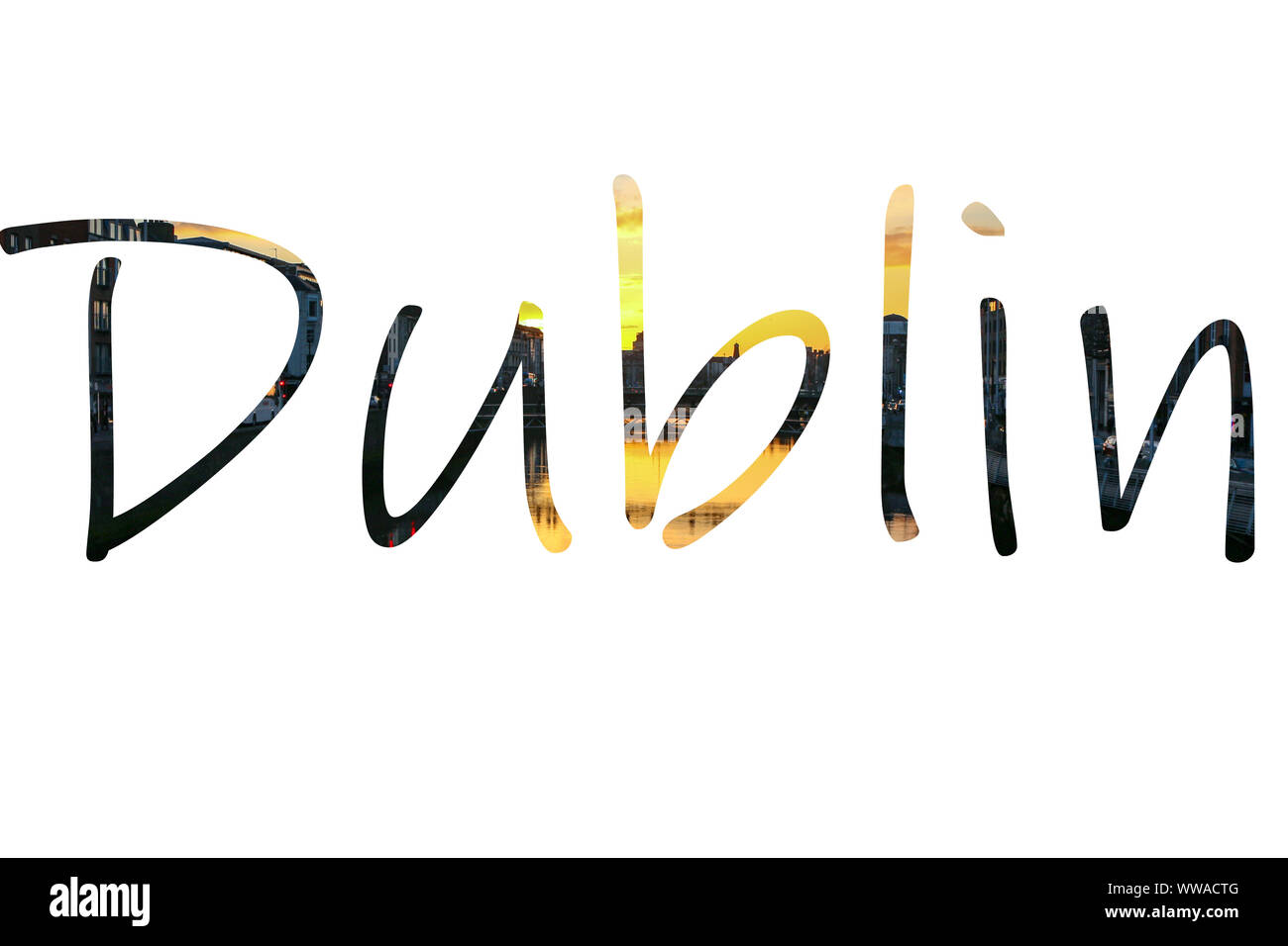 The word Dublin filled in by the Dublin skyline at sunset. Great for designs or other Ireland usage. Stock Photo