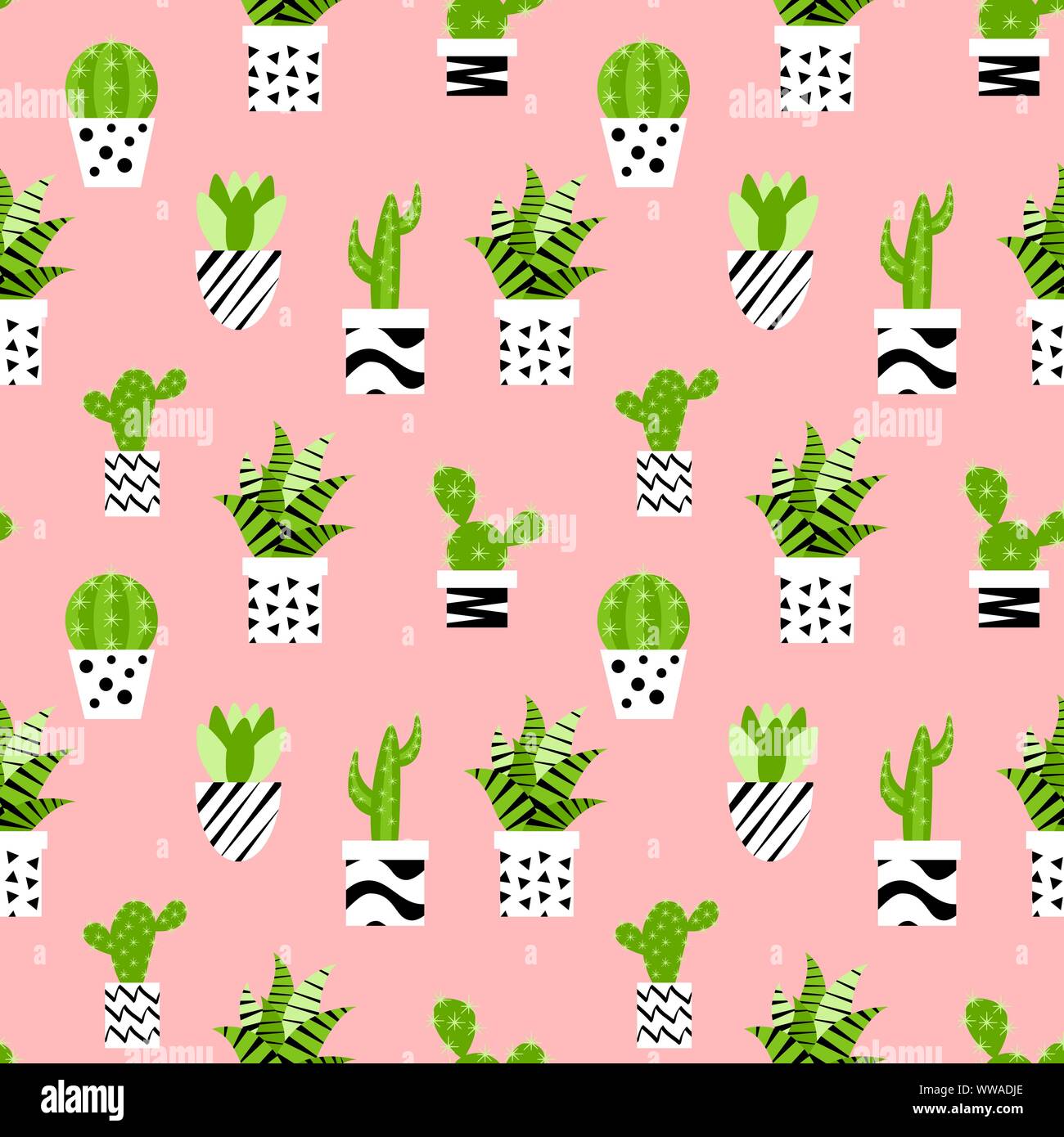 Seamless pattern with flat cactuses in pots isolated on pink background. Vector illustration. Stock Vector