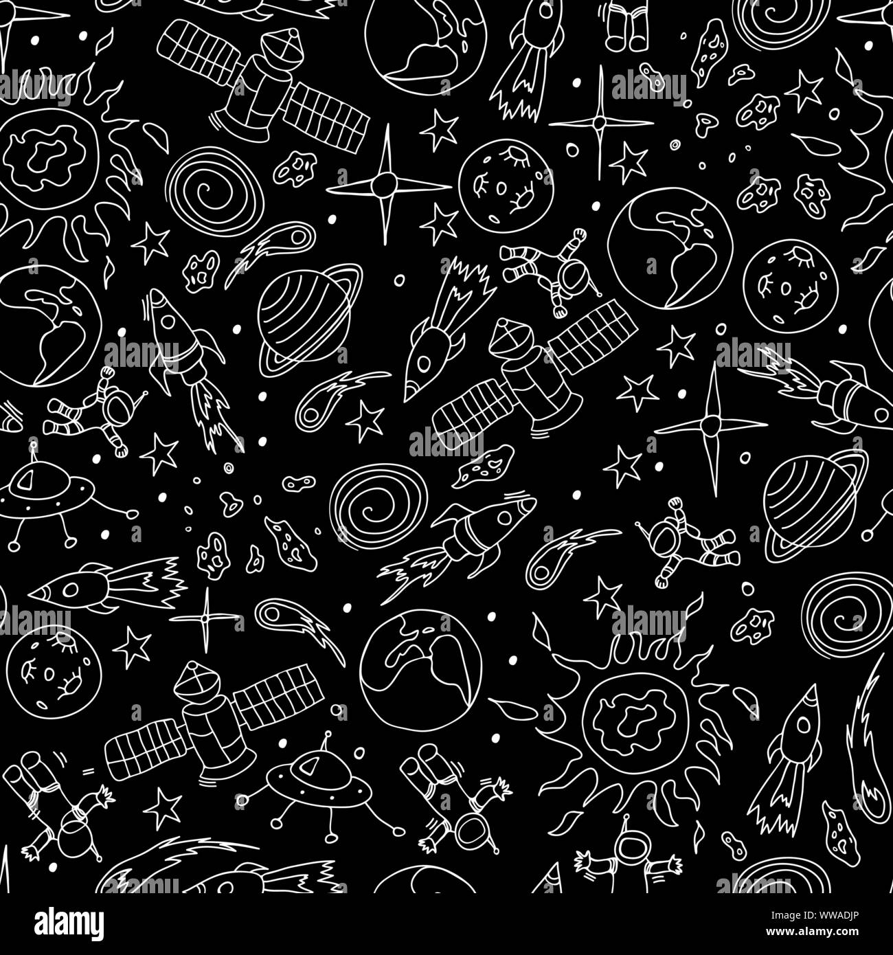 Seamless pattern with hand drawn cosmic objects. White cartoon drawings ...