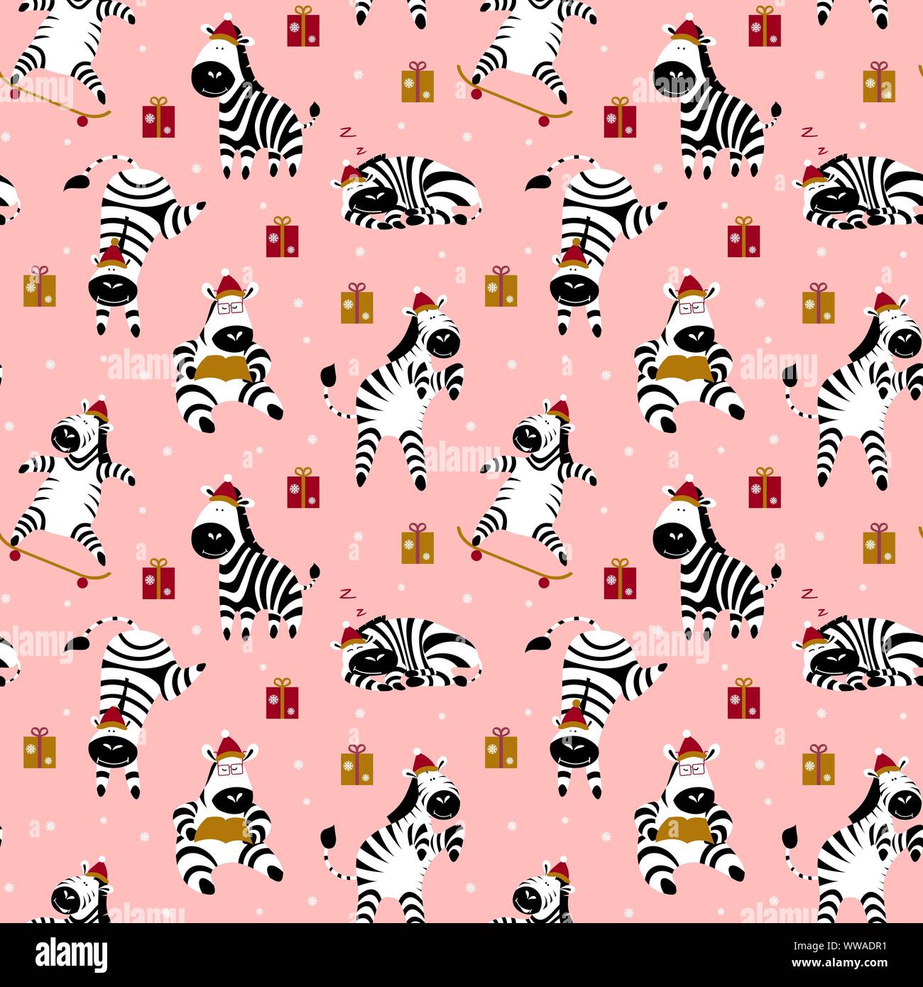 Christmas seamless pattern with cute zebras and present boxes on pink ...