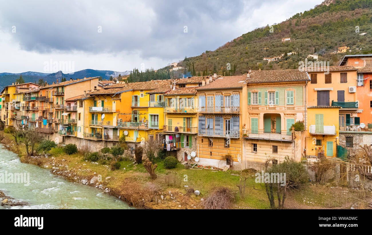 Sospel, old french village near the river, typical colorful houses in France Stock Photo