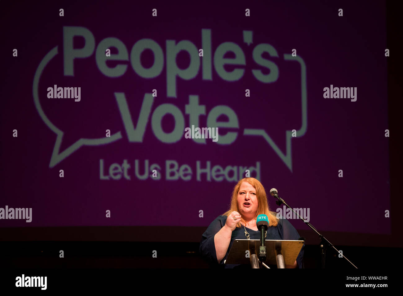 Alliance Party of NI leader Naomi Long MEP speaks at an anti-no deal Brexit rally at Ulster Hall in Belfast. Stock Photo