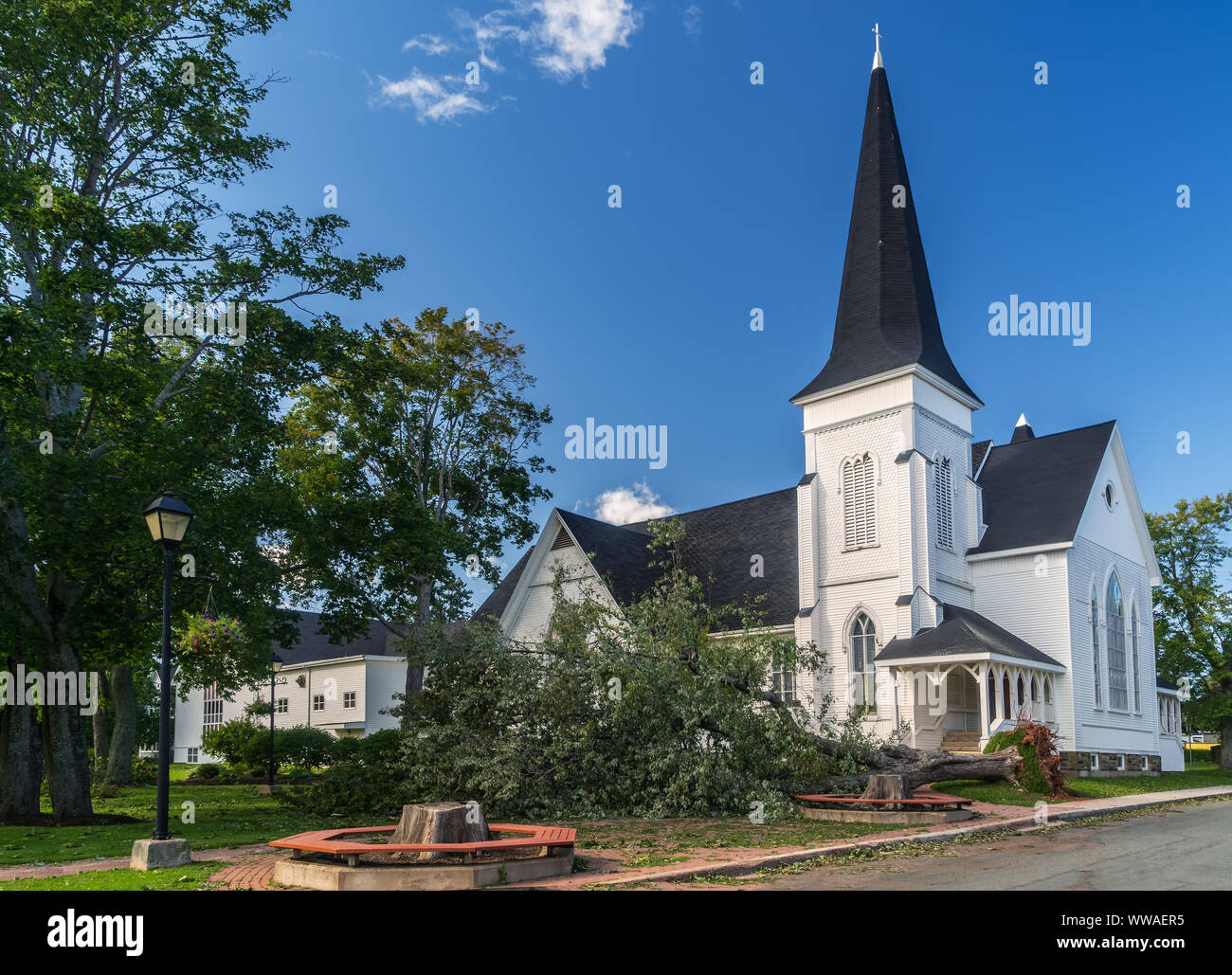 Damage to a church property from Hurricane Dorian. Stock Photo