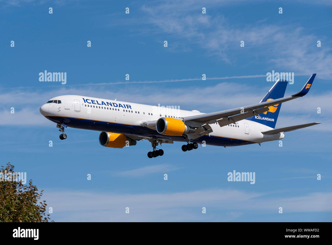 Icelandair Boeing 767 jet airliner plane TF-ISO landing at London Heathrow Airport in Hounslow, London, UK. Space for copy Stock Photo