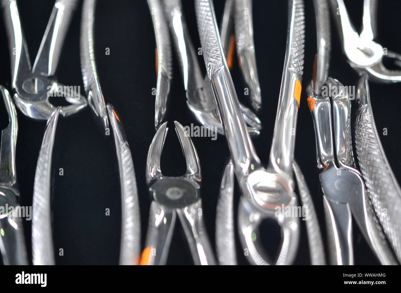 Metal Instruments Tooth many metal dental instruments close-up copy space Stock Photo - Alamy