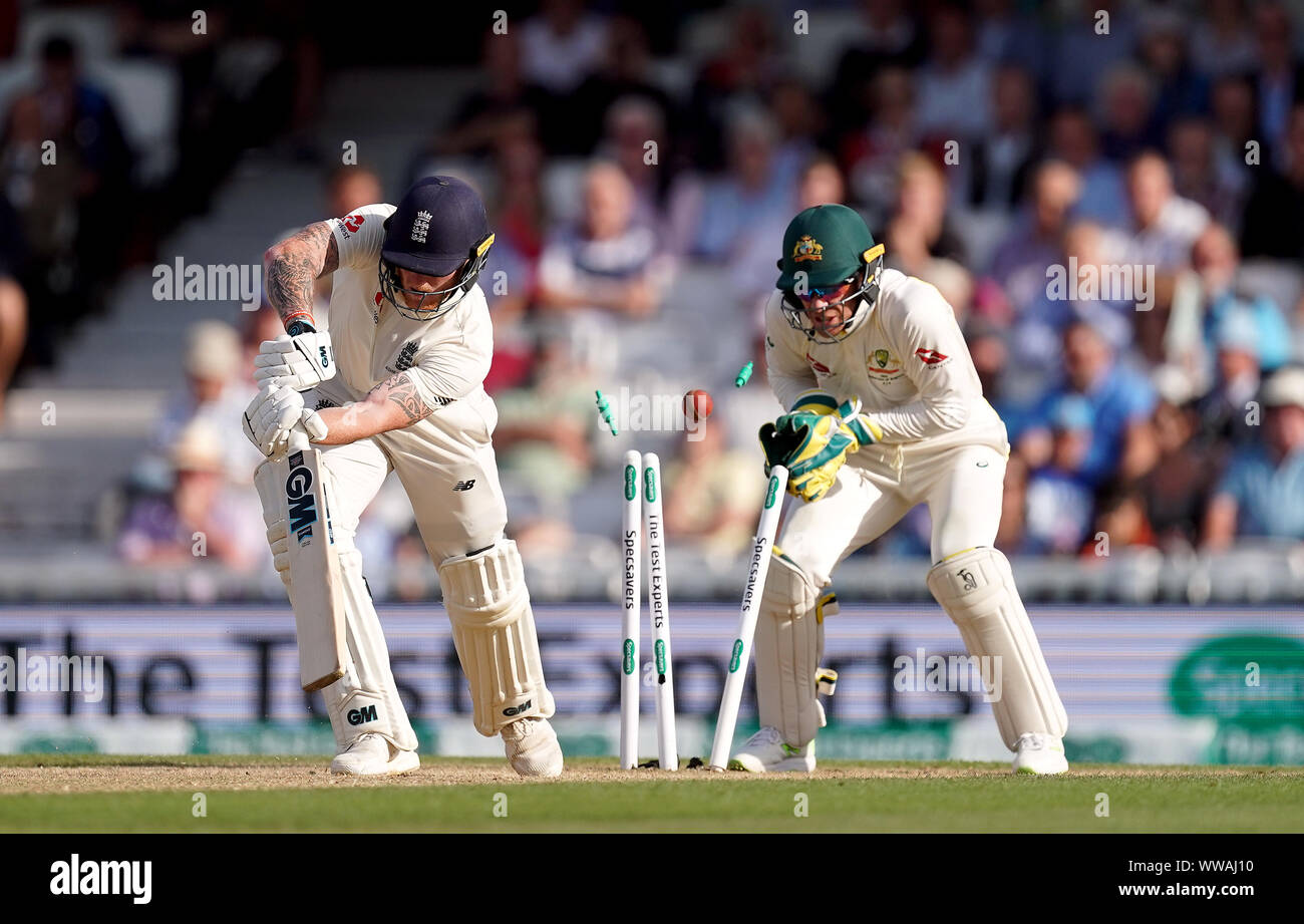 England’s Ben Stokes is cleaned bowled by Australia’s Nathan Lyon during day three of the fifth test match at The Kia Oval, London. Stock Photo