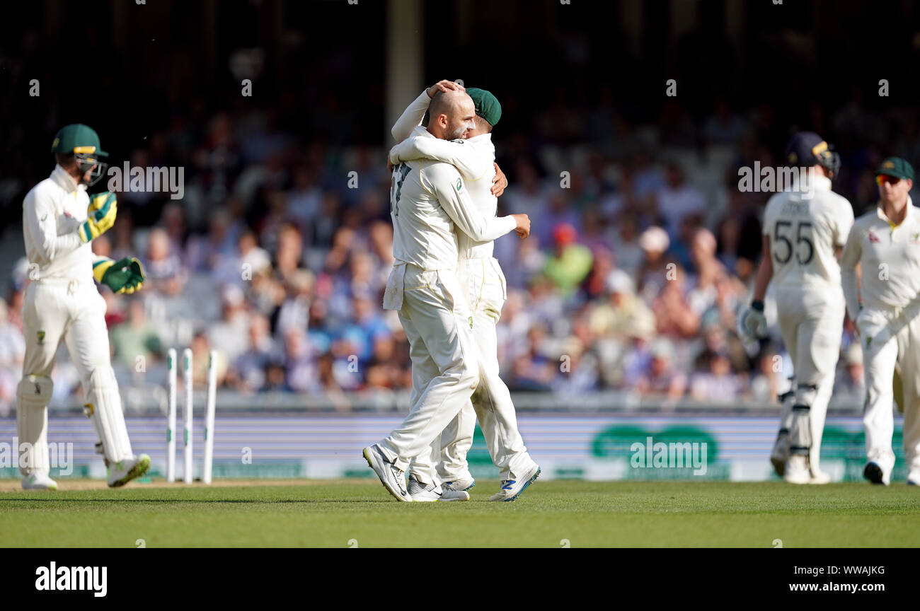 Australia’s Nathan Lyon celebrates bowling England’s Ben Stokes during day three of the fifth test match at The Kia Oval, London. Stock Photo