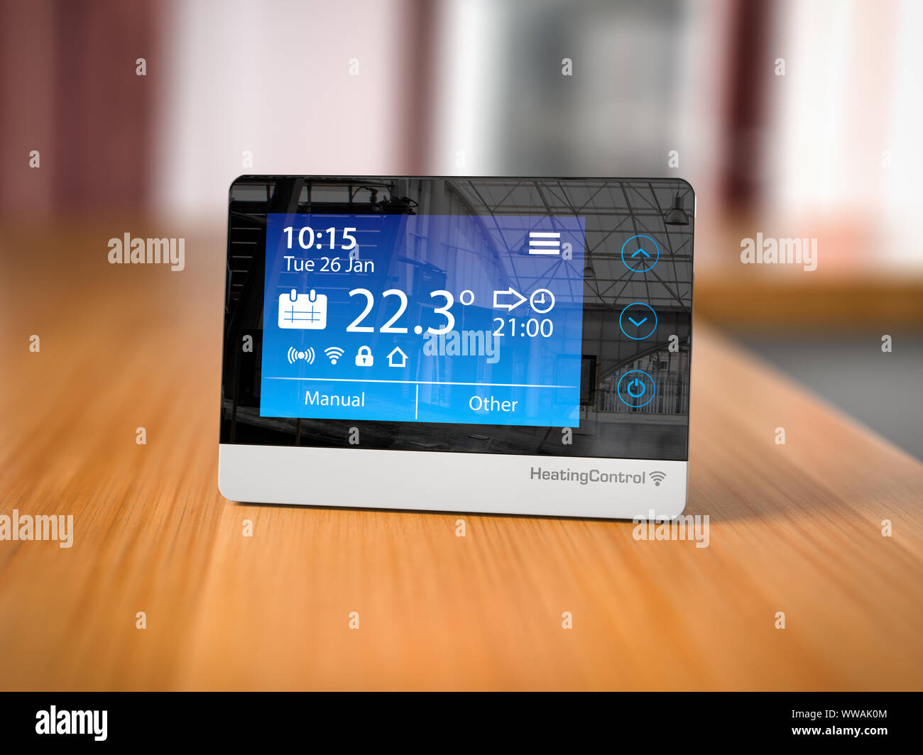 Heating climat control  in home concept. Programmable thermostat on the table in room. 3d illustration Stock Photo