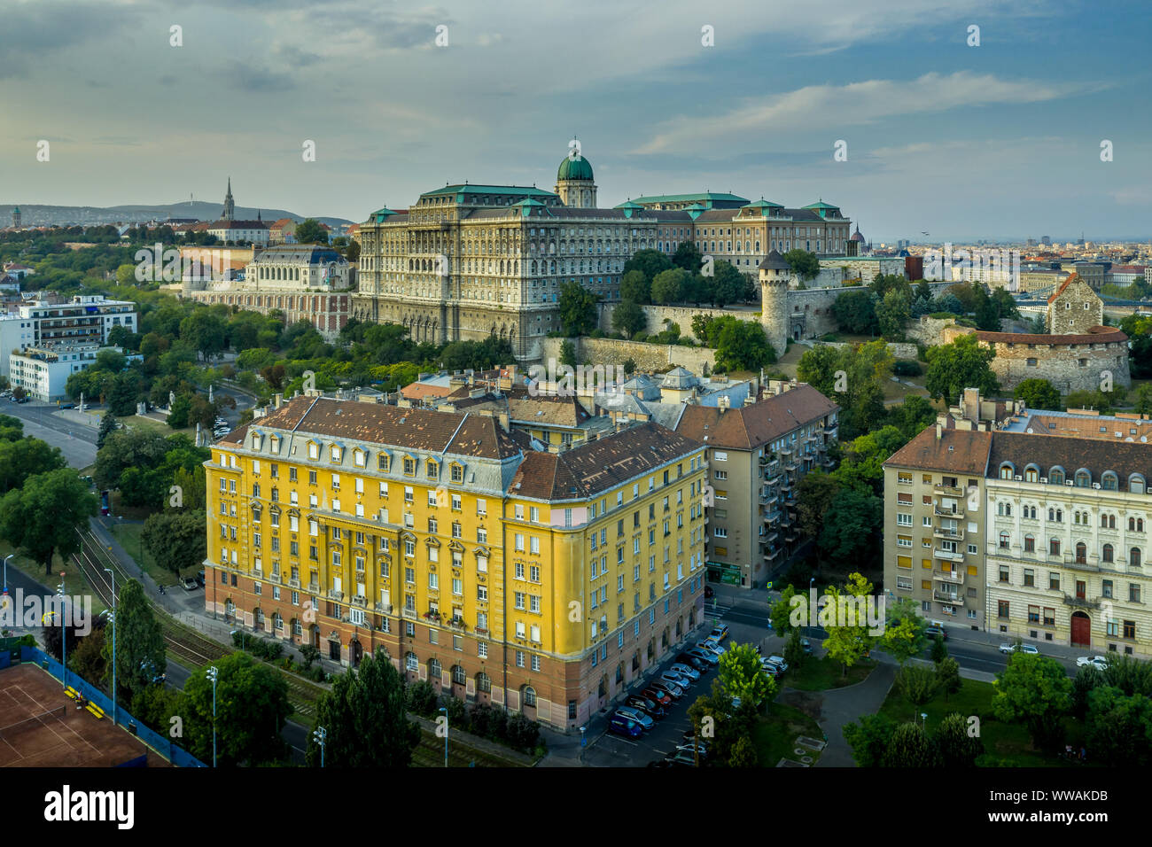 Aerial view of Buda castle, the chain bridge over the Danube from ...