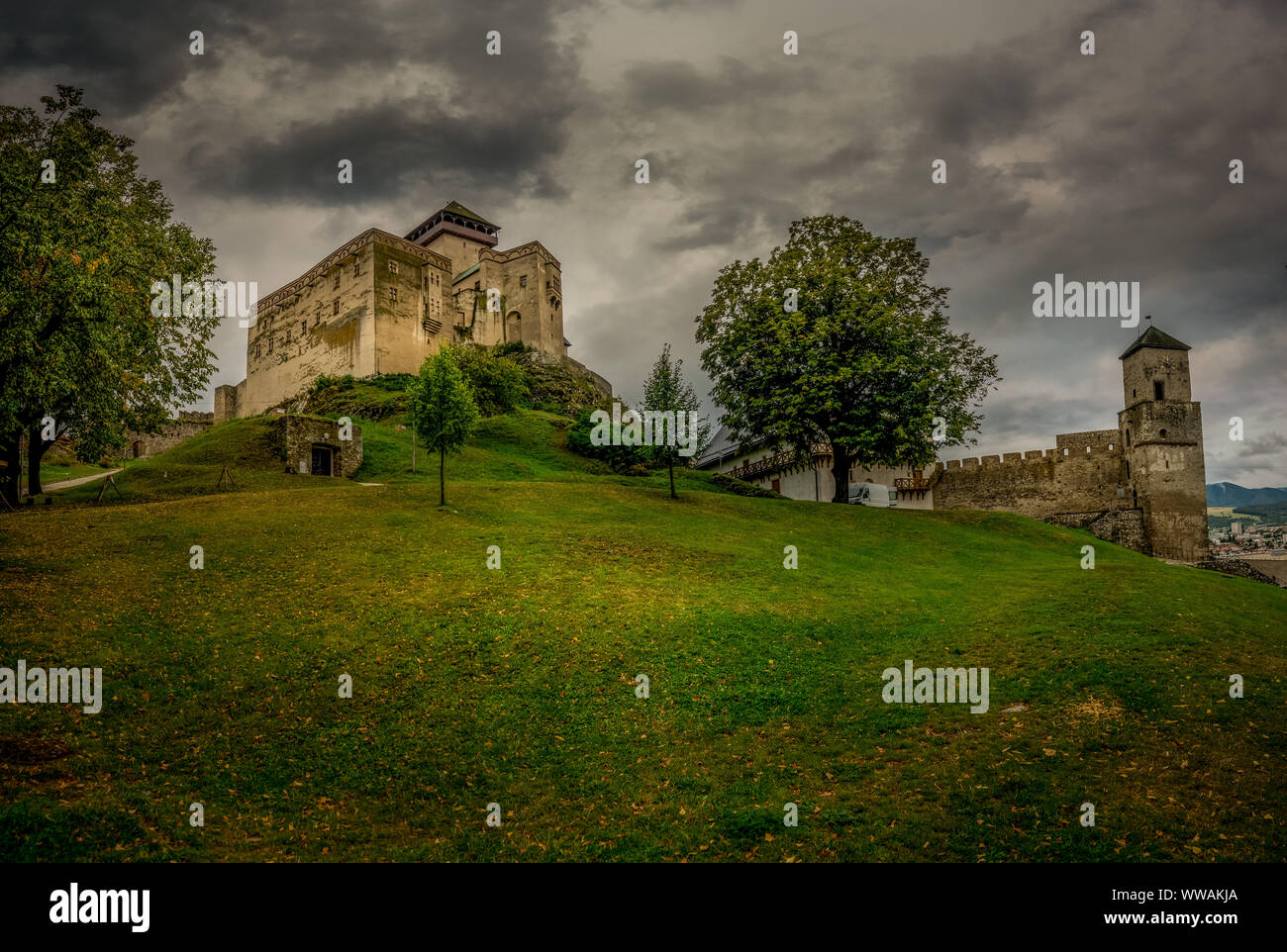 View of the inner palace of Trencin medieval castle in Slovakia with dramatic sky Stock Photo