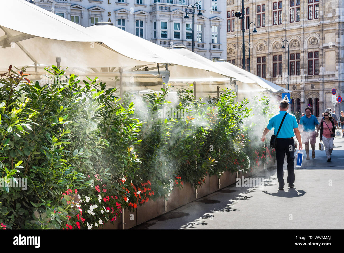 City centre shrubs being sprayed or 'misted' in hot weather - Vienna, Austria. Stock Photo