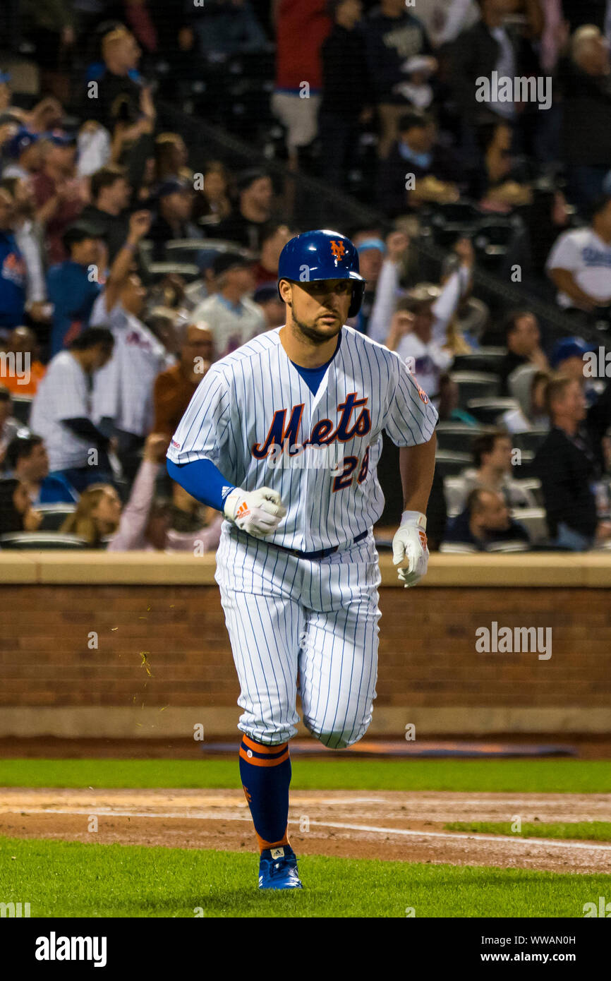 Queens, New York, USA. 13th Sep, 2019. New York Mets third baseman J.D. Davis (28) runs the bases after hitting a home run during the game between The New York Mets and The Los Angeles Dodgers at Citi Field in Queens, New York. Mandatory credit: Kostas Lymperopoulos/CSM/Alamy Live News Stock Photo