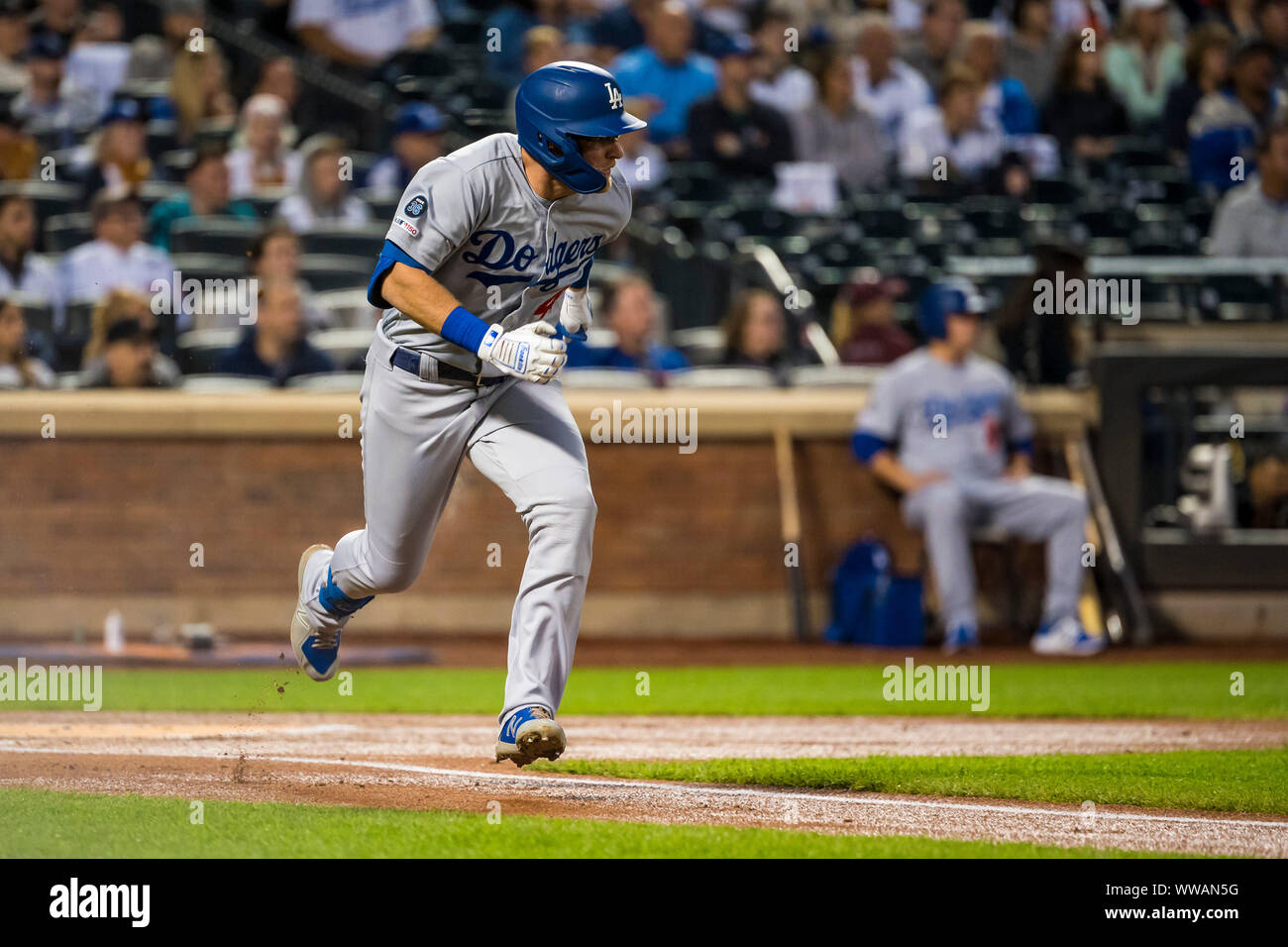 Queens, New York, USA. 13th Sep, 2019. Los Angeles Dodgers first baseman Matt Beaty (45) runs down the first baseline during the game between The New York Mets and The Los Angeles Dodgers at Citi Field in Queens, New York. Mandatory credit: Kostas Lymperopoulos/CSM/Alamy Live News Stock Photo