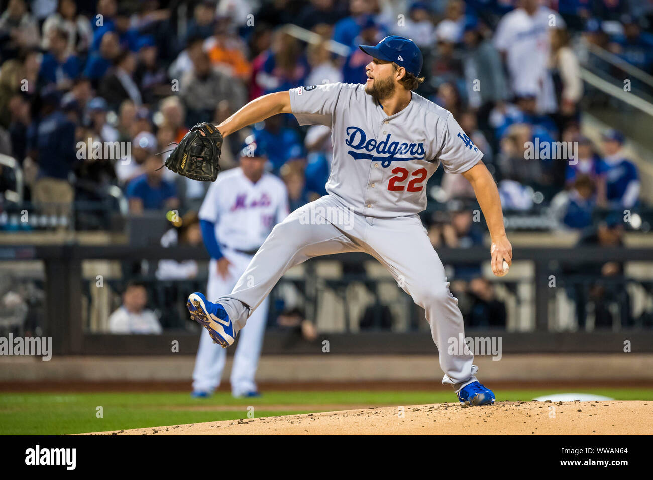 Queens, New York, USA. 13th Sep, 2019. Los Angeles Dodgers starting pitcher Clayton Kershaw (22) delivers the pitch during the game between The New York Mets and The Los Angeles Dodgers at Citi Field in Queens, New York. Mandatory credit: Kostas Lymperopoulos/CSM/Alamy Live News Stock Photo