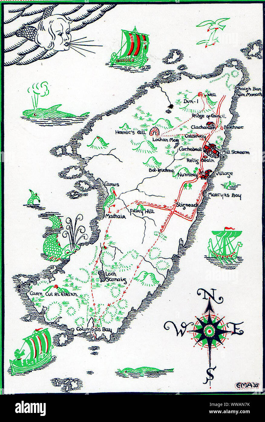 A 1935  colour Map of the Isle of Iona showing walks and places of interest Stock Photo