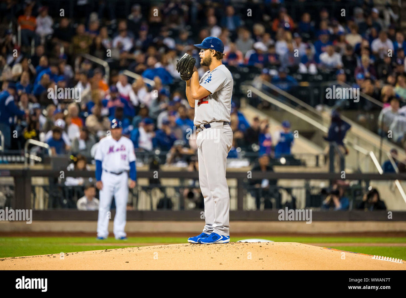 Queens, New York, USA. 13th Sep, 2019. Los Angeles Dodgers starting pitcher Clayton Kershaw (22) stands on the mound during the game between The New York Mets and The Los Angeles Dodgers at Citi Field in Queens, New York. Mandatory credit: Kostas Lymperopoulos/CSM/Alamy Live News Stock Photo