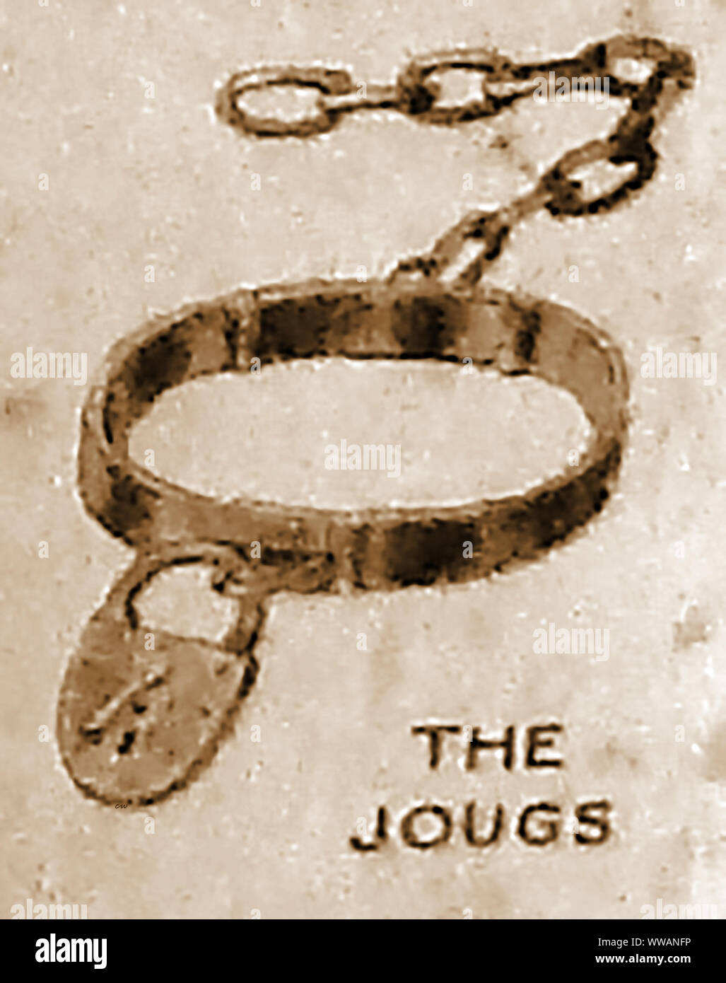 PUNISHMENTS & INSTRUMENTS OF TORTURE FROM THE PAST - The Jougs,  Juggs, or Joggs, a locked collar  with a short chain for attaching a petty prisoner to a tree, wall, boat interior etc. Sometimes used for slaves and used in Scotland in place of a public pillory for humiliation of an offender. Stock Photo