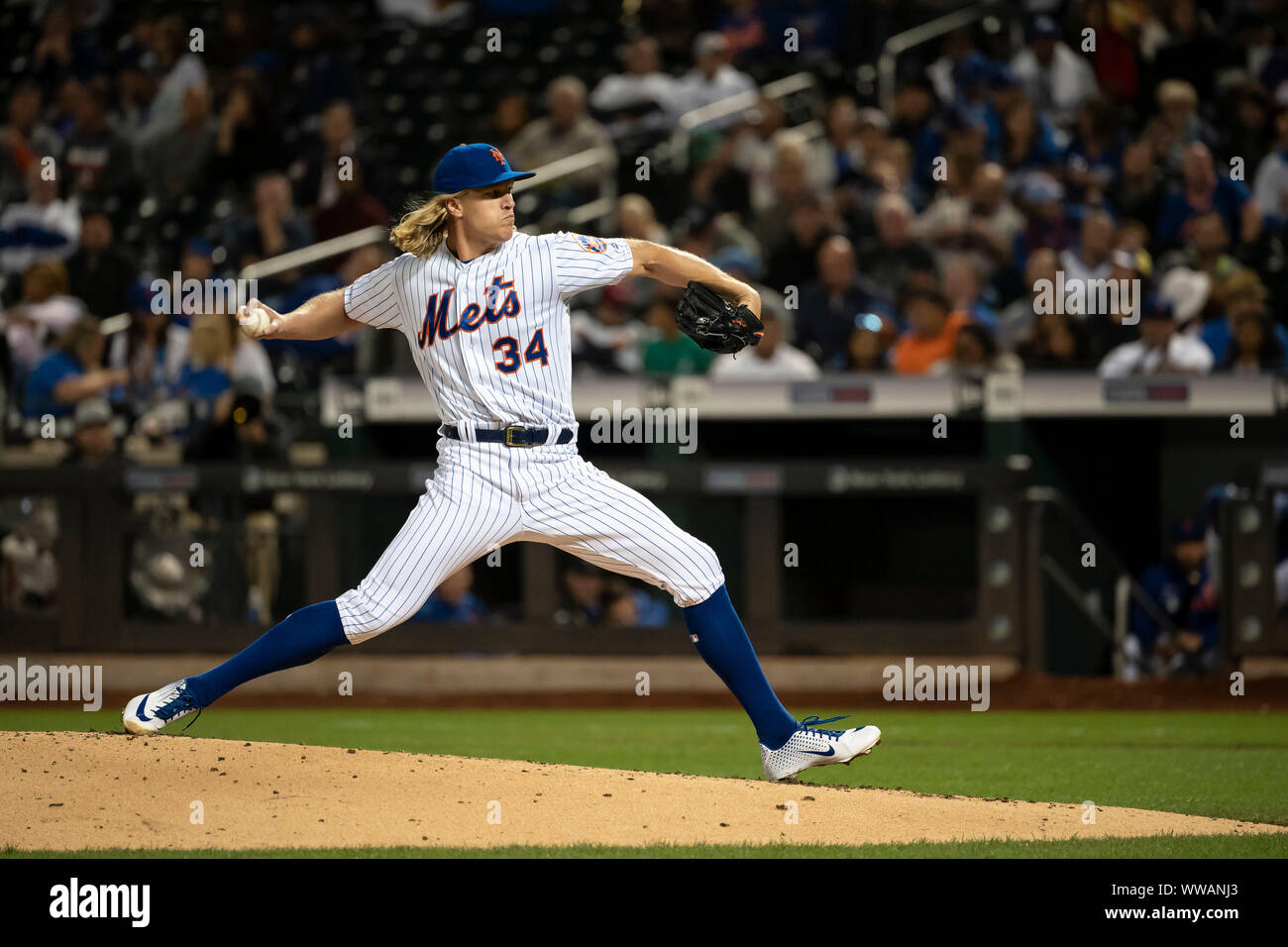 Queens, New York, USA. 13th Sep, 2019. New York Mets starting pitcher Noah Syndergaard (34) delivers the pitch during the game between The New York Mets and The Los Angeles Dodgers at Citi Field in Queens, New York. Mandatory credit: Kostas Lymperopoulos/CSM/Alamy Live News Stock Photo