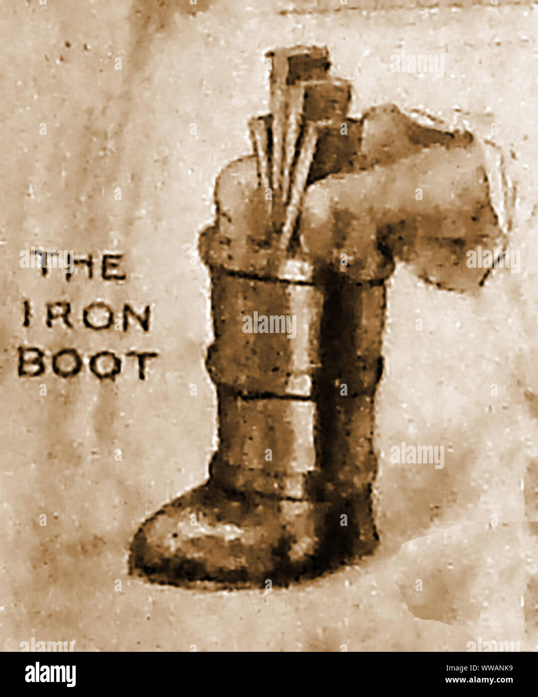 PUNISHMENTS & INSTRUMENTS OF TORTURE FROM THE PAST - The Iron Boot used to crush the legs. Variations were the Spanish Boot, The Malay Boot and the Buskin (A wet  rawhide sock that was dried to crush the bones beneath) Stock Photo