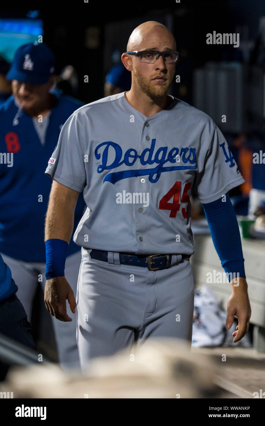 Queens, New York, USA. 13th Sep, 2019. Los Angeles Dodgers first baseman Matt Beaty (45) looks on in the dugout during the game between The New York Mets and The Los Angeles Dodgers at Citi Field in Queens, New York. Mandatory credit: Kostas Lymperopoulos/CSM/Alamy Live News Stock Photo