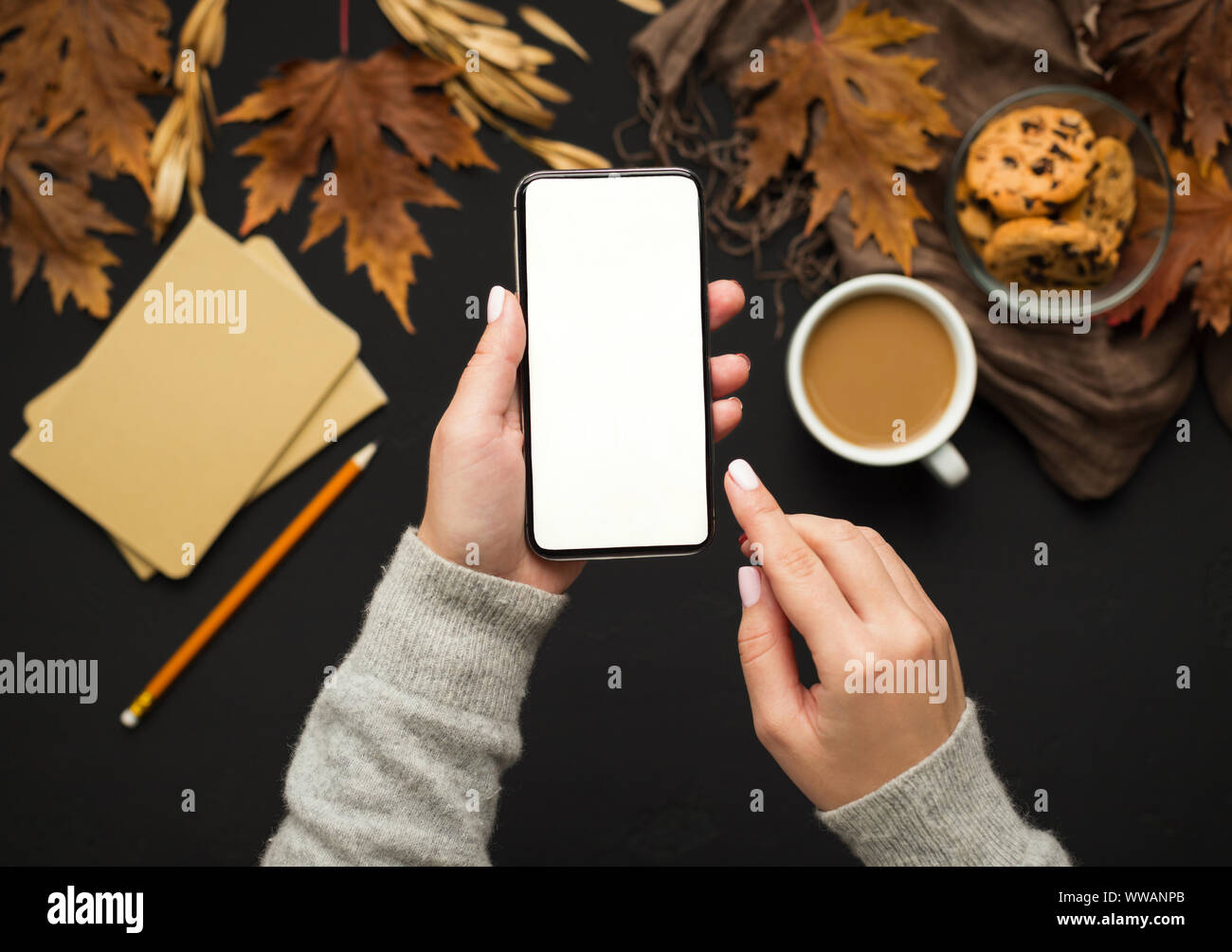 Woman holding cellphone with blank screen over autumn background Stock ...