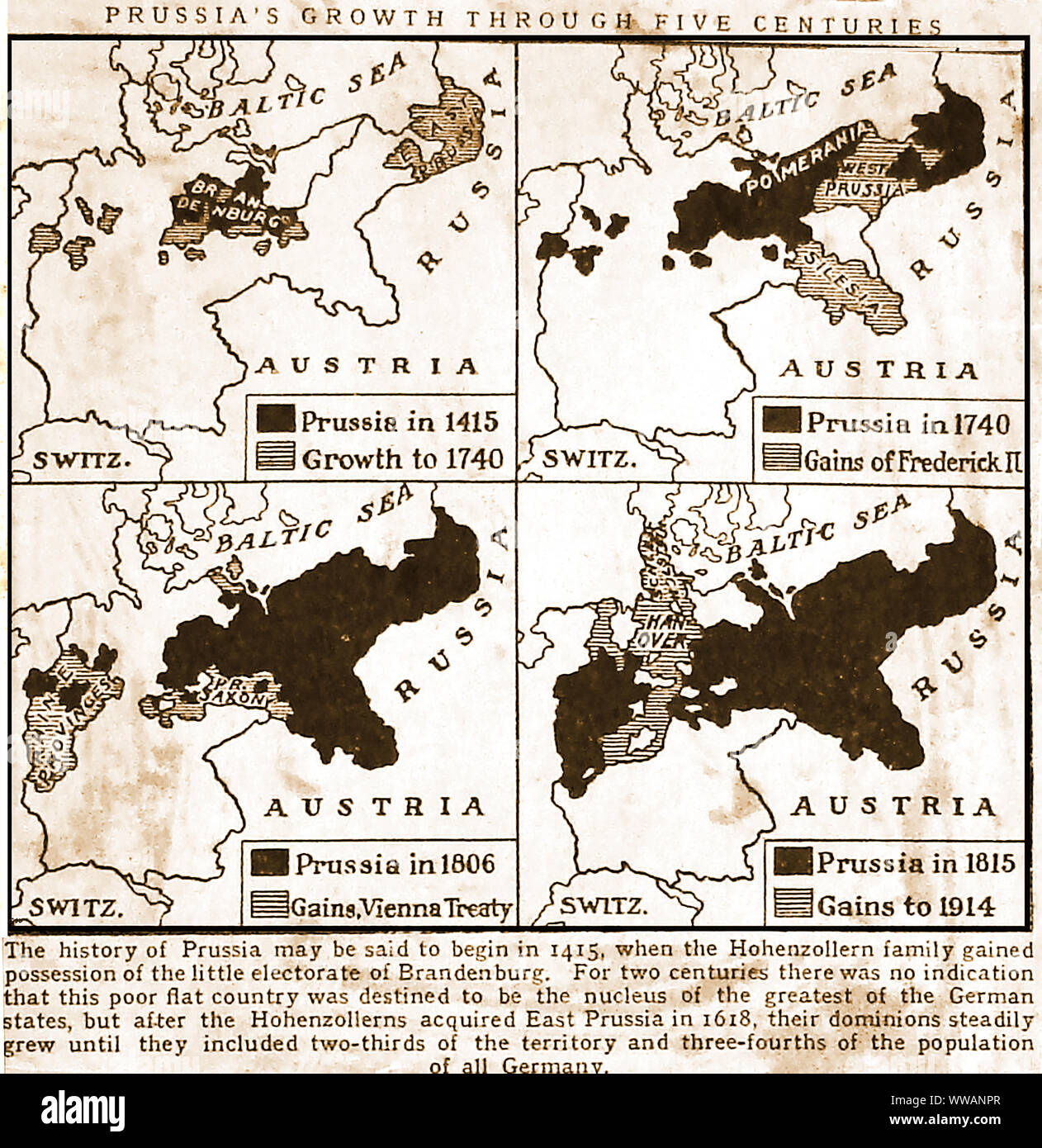 An early diagram map showing the rise and growth  of Prussia from 1415 to 1914 Stock Photo