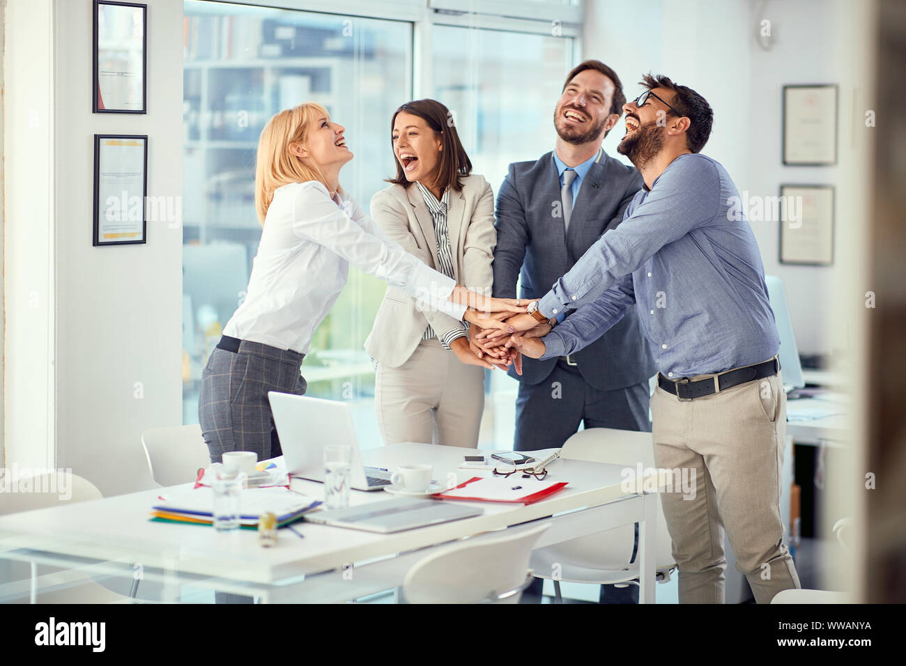 Successful smiling business coworkers completed business meeting Stock ...