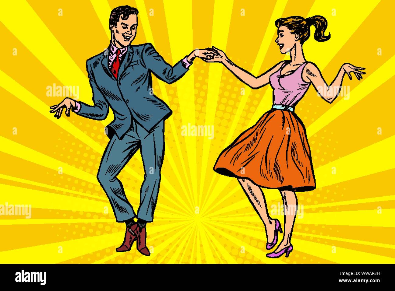 retro dancers couple man and woman. Pop art vector illustration drawing Stock Vector