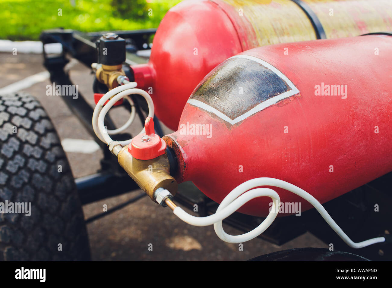 LPG , NGV Gas tanks are installed in a car for the 2 fuel system Stock