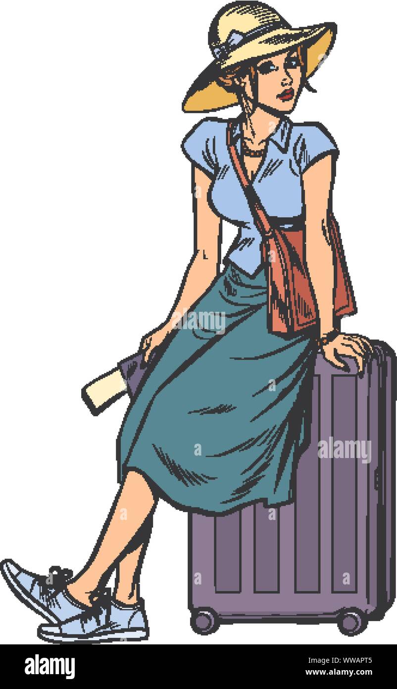 woman tourist sitting on a travel suitcase. Pop art retro vector illustration drawing Stock Vector