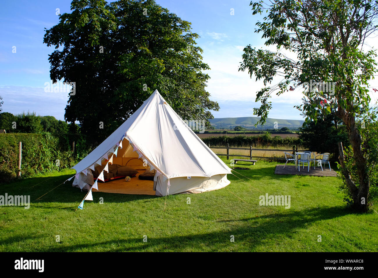 Canvas bell tent with bunting Stock Photo