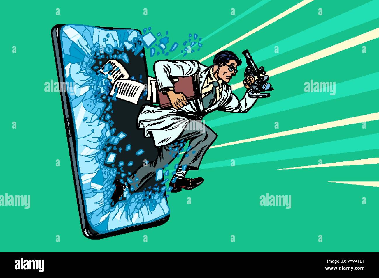 Scientific breakthrough. The mobile education concept. Pop art retro ...