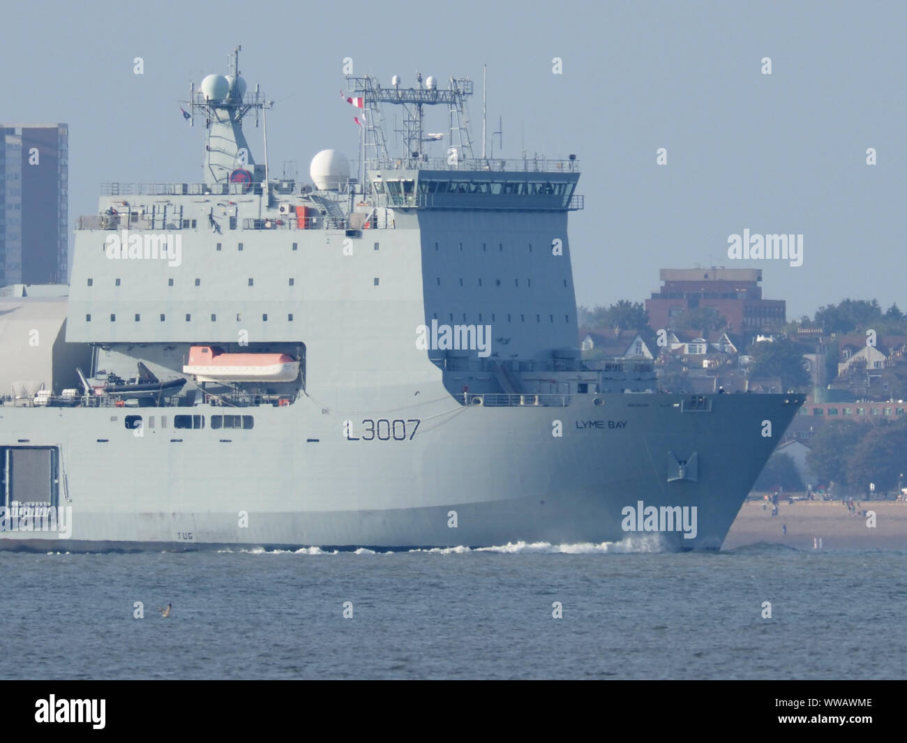 Sheerness, Kent, UK. 14th Sep, 2019. RFA Lyme Bay seen departing the Thames at Sheerness after having supported London International Shipping Week in Greenwich. RFA Lyme Bay is a Bay-class auxiliary landing ship dock of the British Royal Fleet Auxiliary capable of delivering a significant fighting force anywhere in the world. Credit: James Bell/Alamy Live News Stock Photo
