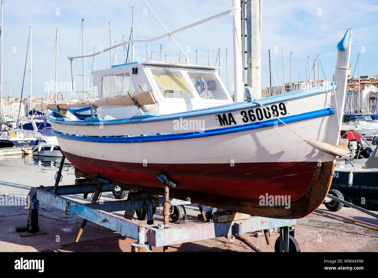 Fishermen boat undergoing repairs, Le Vieux Port, Marseille, Bouches-du-Rhône, PACA, France Stock Photo