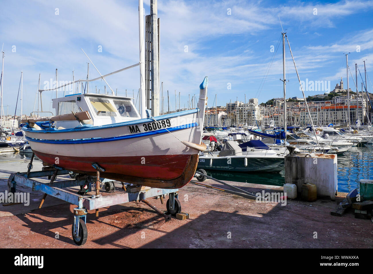 Fishermen boat undergoing repairs, Le Vieux Port, Marseille, Bouches-du-Rhône, PACA, France Stock Photo