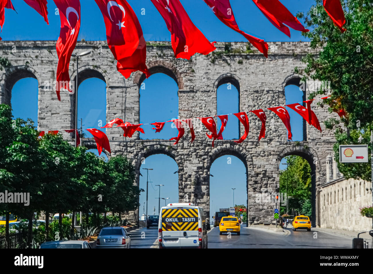 Car traffic near Valens Aqueduct Bozdogan Kemeri Stock Photo