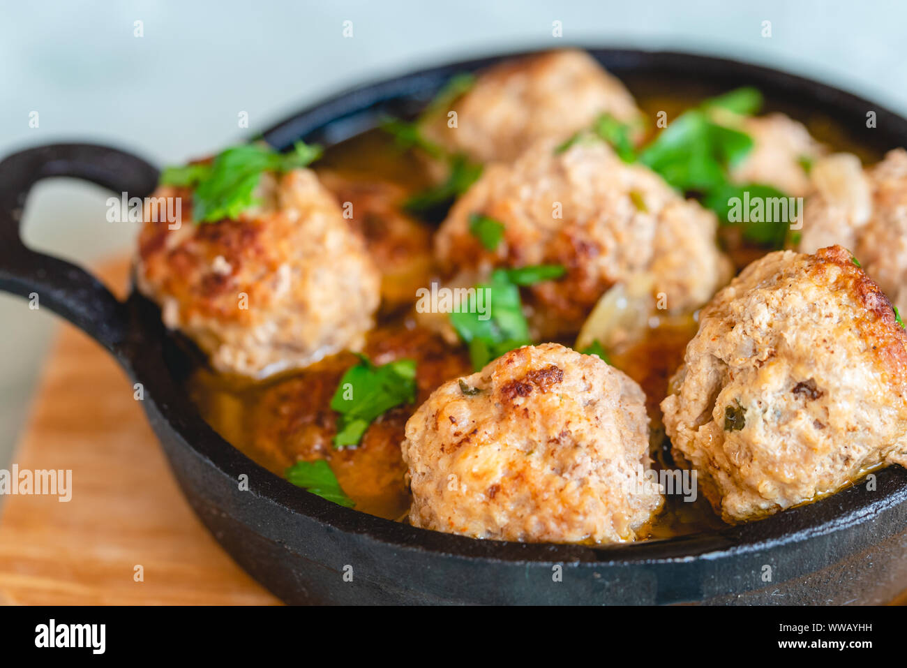 Homemade pork and beef meatballs in gravy Stock Photo Alamy