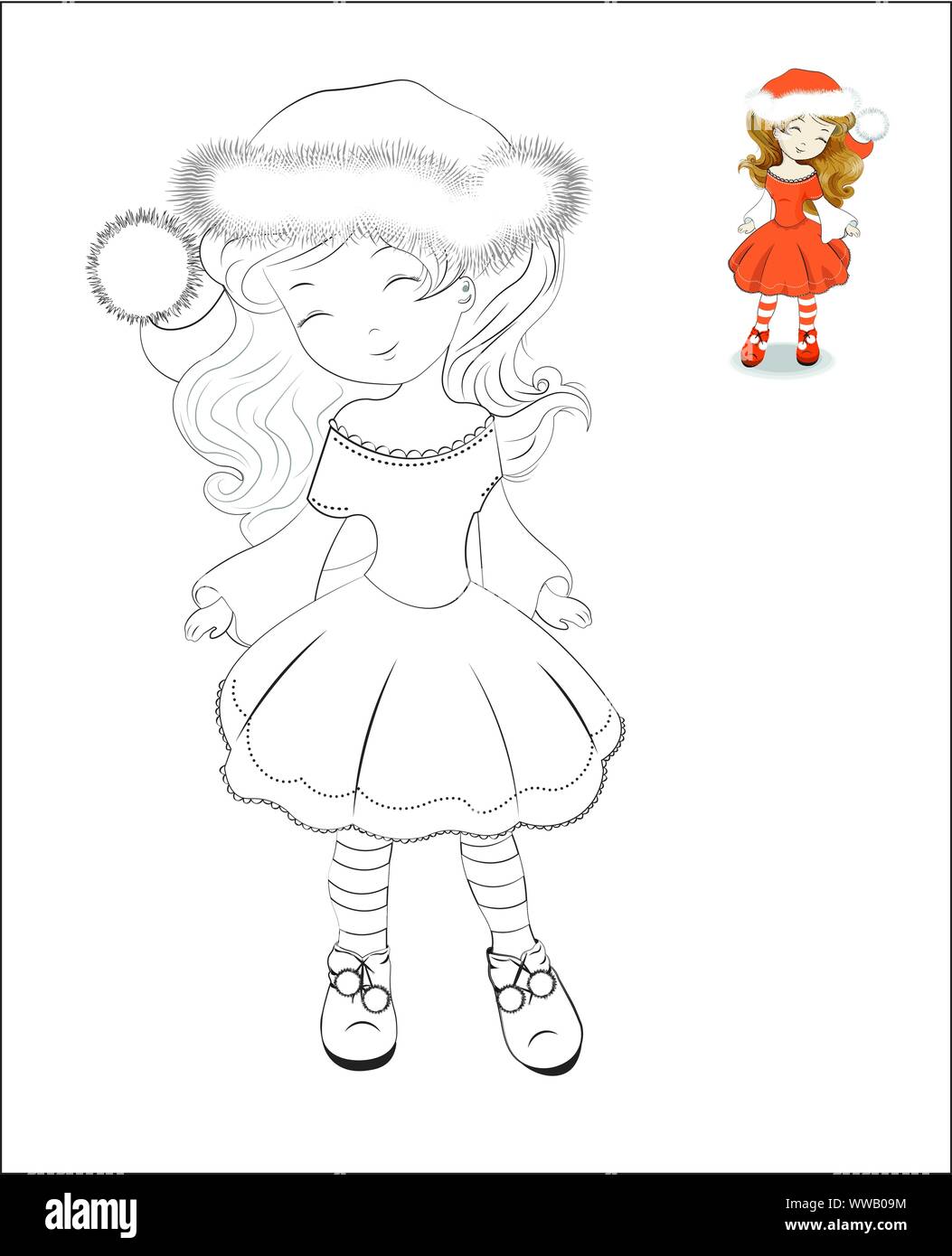 Coloring book Christmas little isolated girl in Santa Claus costume, with red hat and a white pompon. The picture in hand drawing style, can be used f Stock Vector