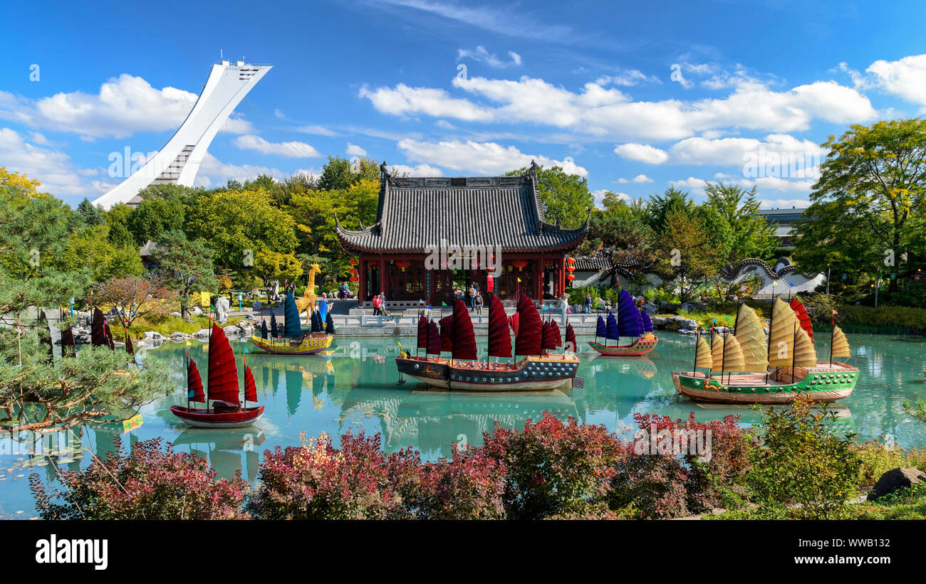 MONTREAL, QUEBEC/CANADA - OCTOBER 2, 2014: panoramic view of the colorful Montreal Botanical Garden (chinese garden), scenery captured in the autumn. Stock Photo